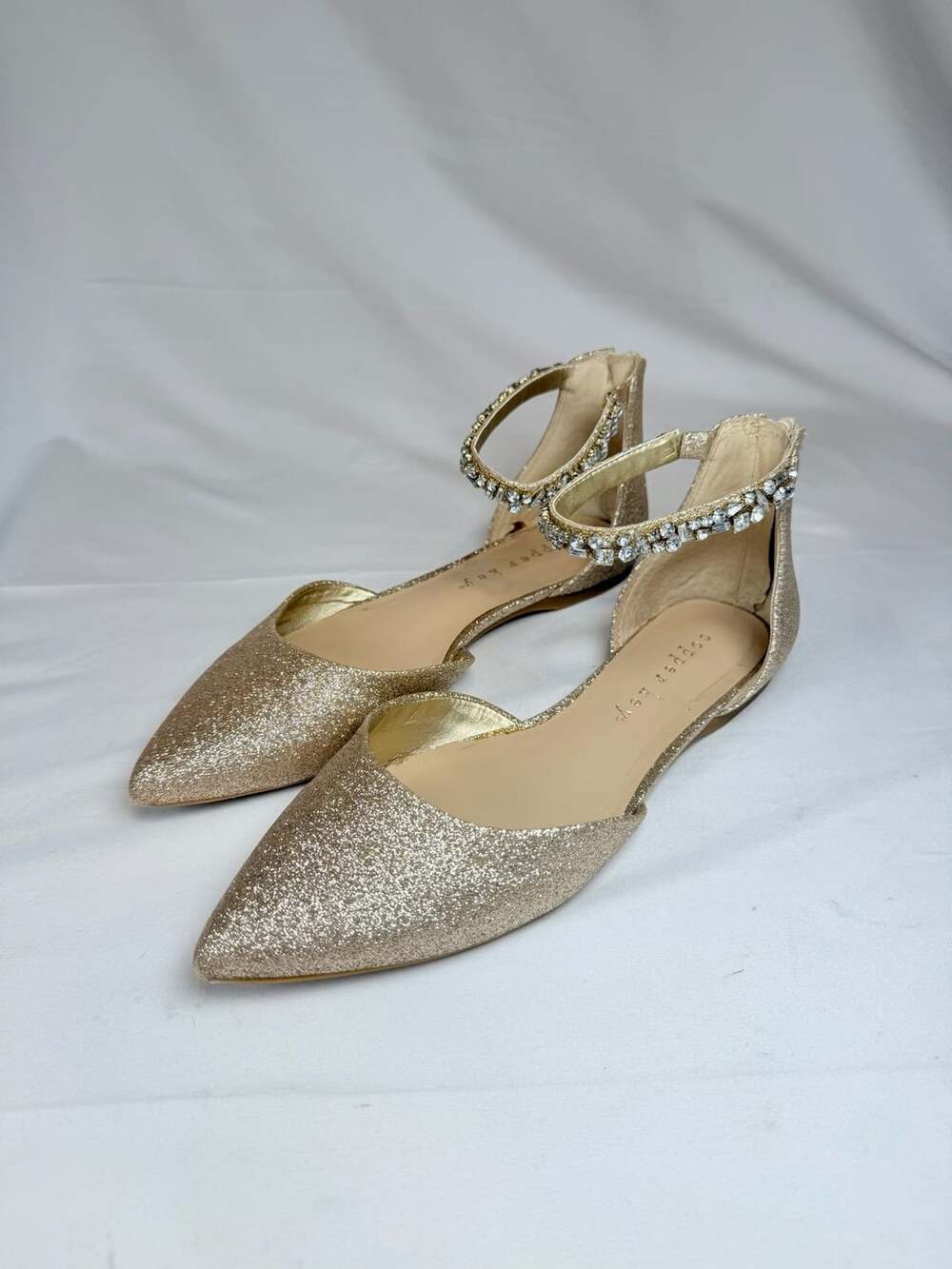 Glitter Glam Copper Key Gold Glitter Pointed Toe Rhinestone Ankle Strap Flats Si
